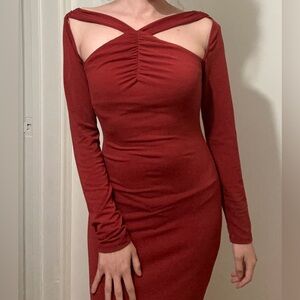 NEW ASTR Dress Long Sleeve Cut Out Body Con Midi Bodycon Rust Copper Small S